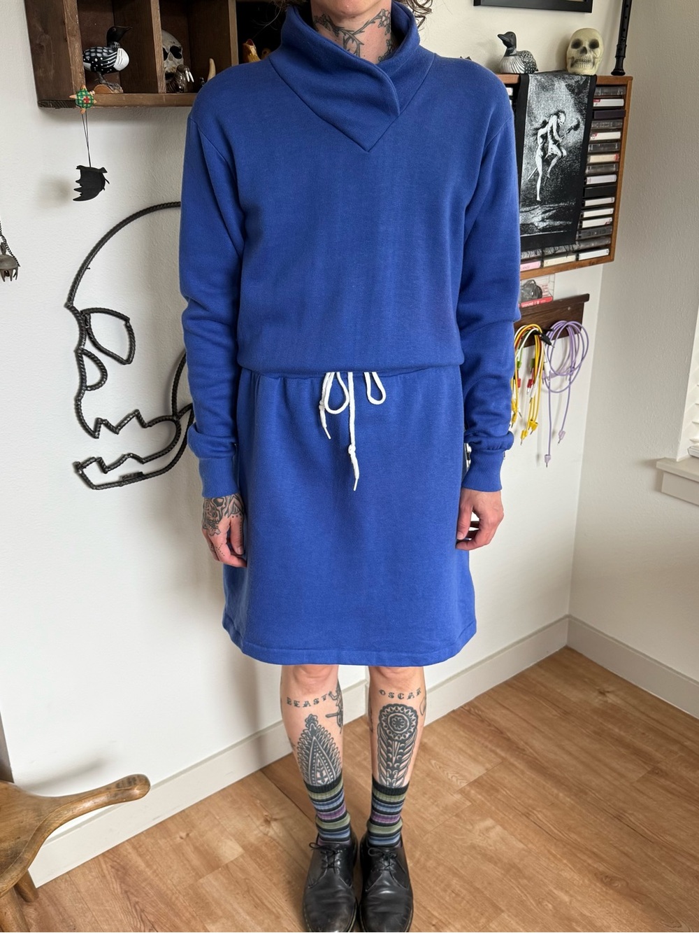 Vintage 80s Blue Cowl Neck Sweatshirt Dress Retro Sportswear ~ Size Medium